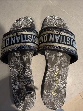 Dior Black and Silver Logo Floral Slide Sandals